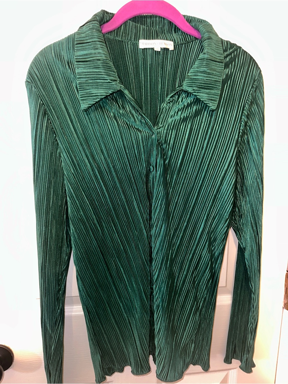 Pleated Emerald Green Button-Down Blouse - Womens